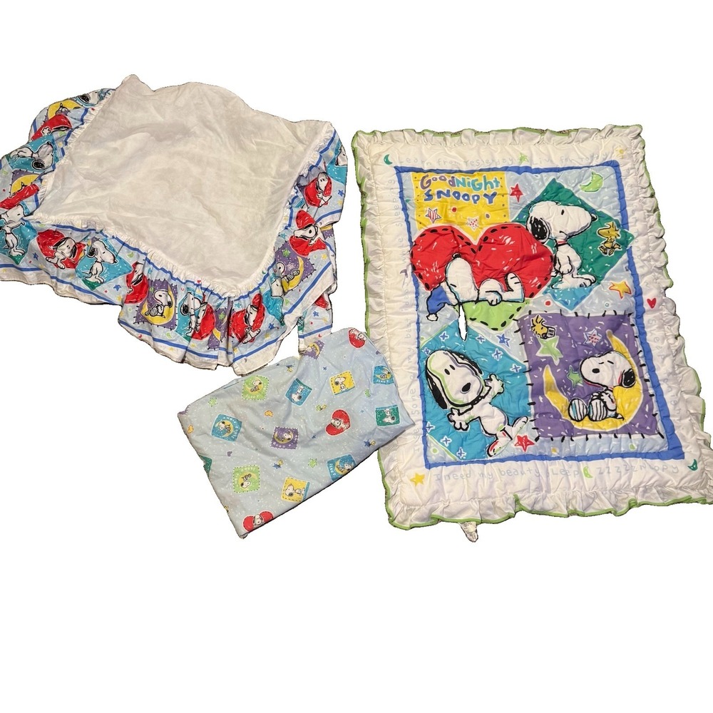 Vintage Baby Snoopy Woodstock Blanket Skirt Sheet Set Rare Excellent Cond USA